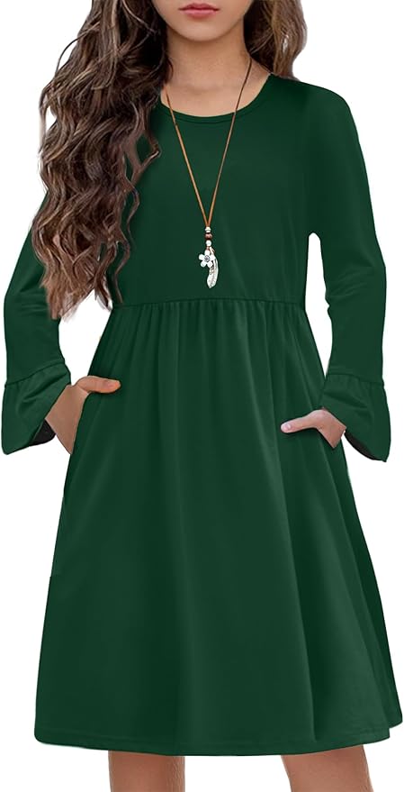 Girls Long Sleeve Floral Pleated Swing Dress Kids Casual Dresses with  Pockets for 4-13 Years