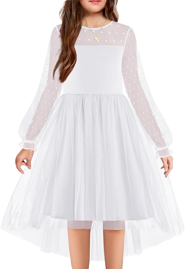 Girls Dresses Contrast Mesh Long Sleeve Twirly High Low Birthday Party Formal  Dress
